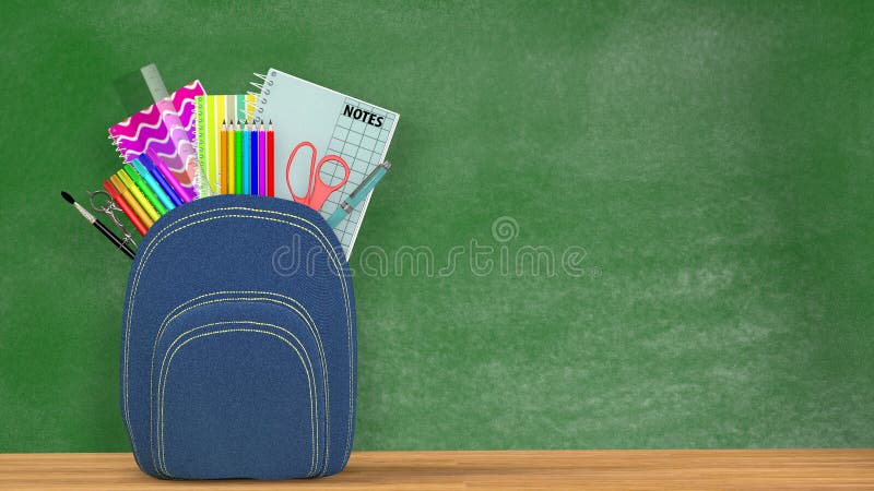 Back to school. A blue Satchel full of school supplies in front of a green blackboard into a classroom. Back to school. A blue Satchel full of school supplies in front of a green blackboard into a classroom.