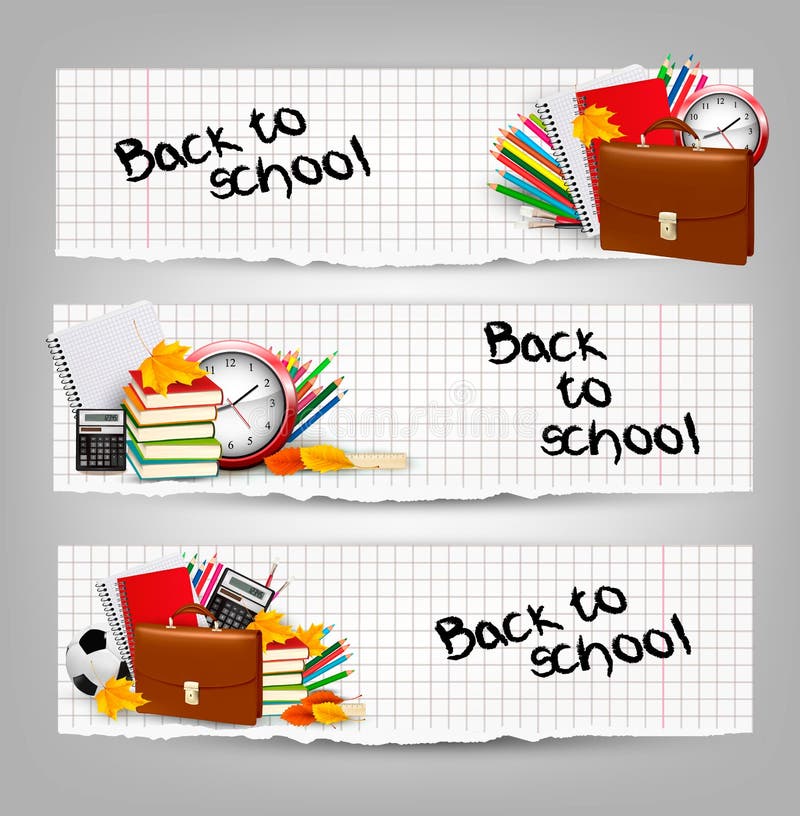 Back to school. Three banners with school supplies and autumn leaves. Vector. Back to school. Three banners with school supplies and autumn leaves. Vector.