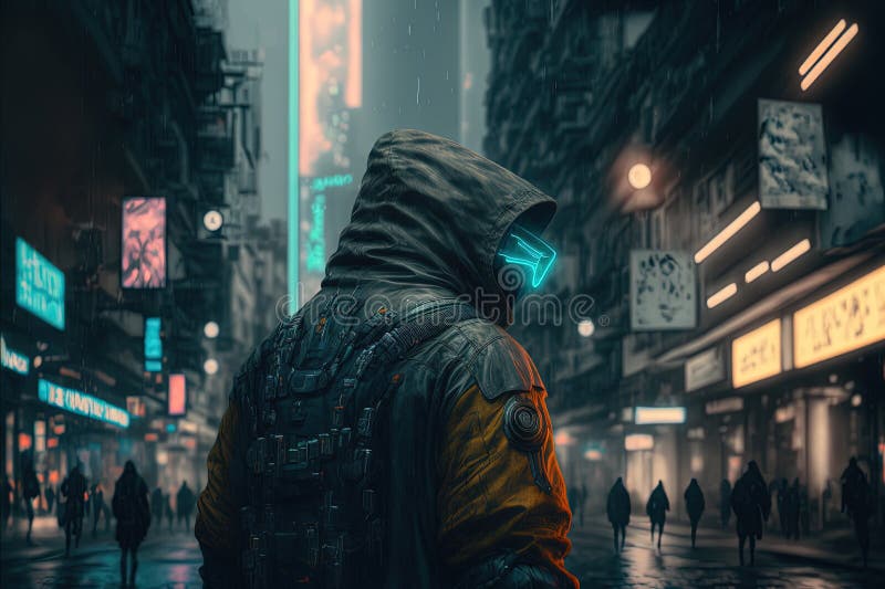 πίσω όψη ενός άνδρα με έξυπνα γυαλιά. οδός cyberpunk. γενική ai διανυσματική απεικόνιση