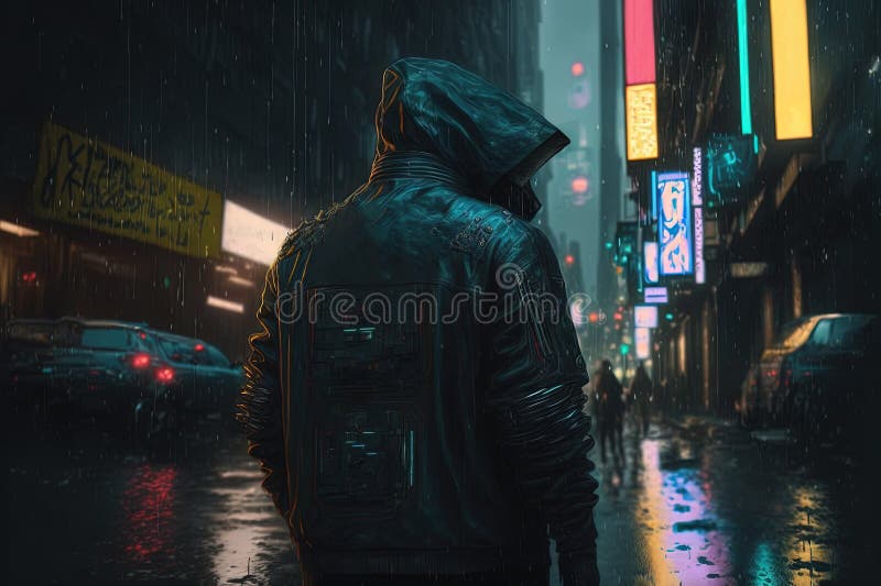 πίσω όψη ενός άνδρα στην κουκούλα. οδός cyberpunk. γενική ai απεικόνιση αποθεμάτων