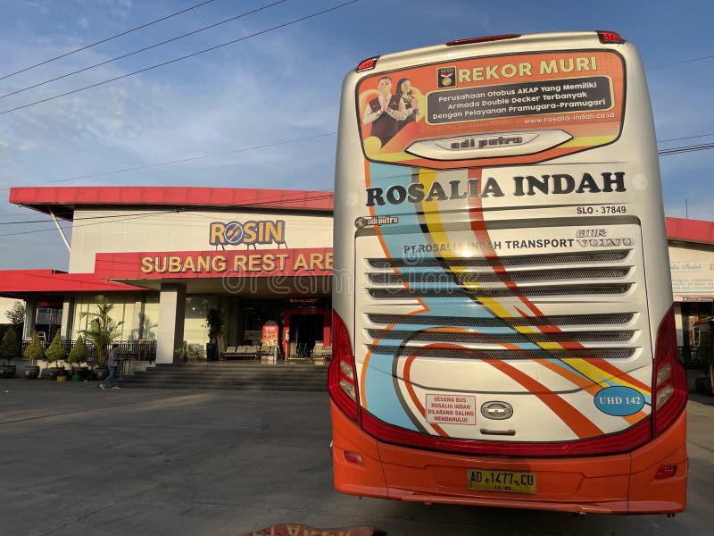 West Java, Indonesia, July 20 2023, Rear view of a row of buses (Rosalia Indah) in the Subang Resort Area, West Java. West Java, Indonesia, July 20 2023, Rear view of a row of buses (Rosalia Indah) in the Subang Resort Area, West Java