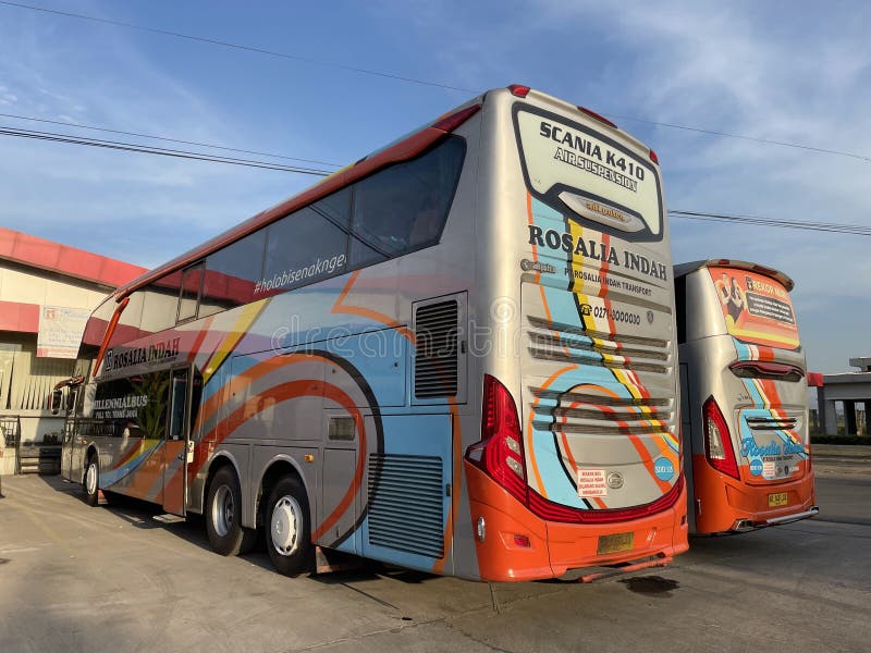 West Java, Indonesia, July 20 2023, Rear view of a row of buses (Rosalia Indah) in the Subang Resort Area, West Java. West Java, Indonesia, July 20 2023, Rear view of a row of buses (Rosalia Indah) in the Subang Resort Area, West Java