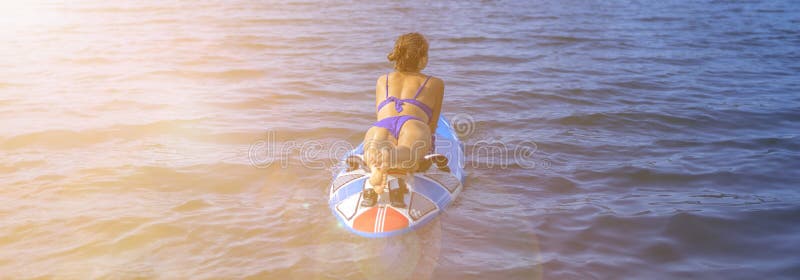 Πίσω όψη της σέξι νεαρής γυναίκας με μαγιό στην σανίδα της Φόντο με θερμό ανοιχτό τόνο στοκ εικόνα με δικαίωμα ελεύθερης χρήσης Πίσω όψη της σέξι νεαρής γυναίκας με μαγιό στην σανίδα της Φόντο με θερμό ανοιχτό τόνο στοκ εικόνα με δικαίωμα ελεύθερης χρήσης
