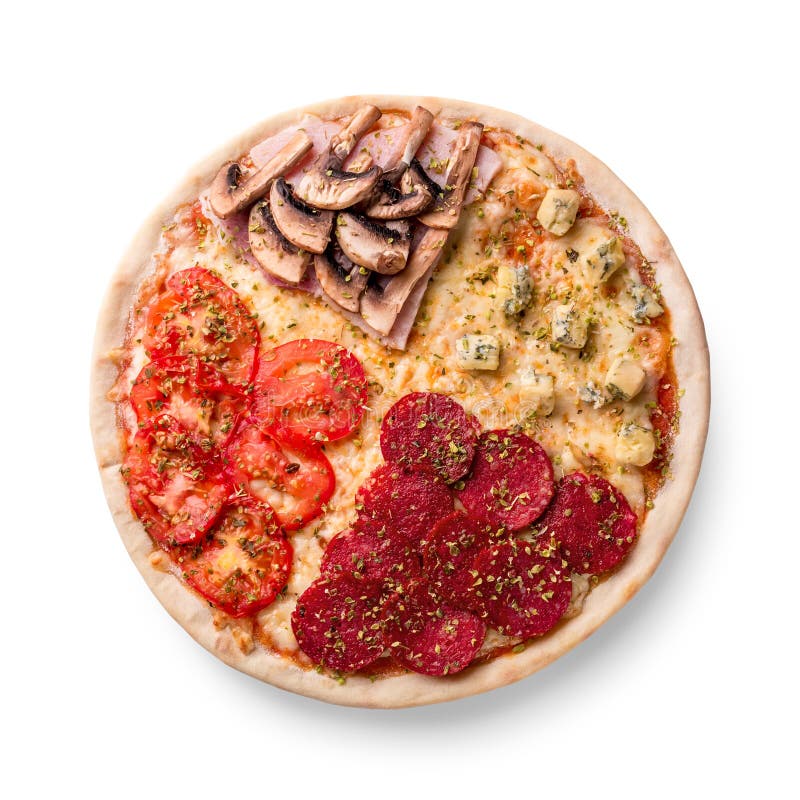 Πίτσα με pepperoni, champignons, την ντομάτα και το τυρί Τέσσερα γούστα σε μια πίτσα στο άσπρο υπόβαθρο στοκ εικόνες Πίτσα με pepperoni, champignons, την ντομάτα και το τυρί Τέσσερα γούστα σε μια πίτσα στο άσπρο υπόβαθρο στοκ εικόνες