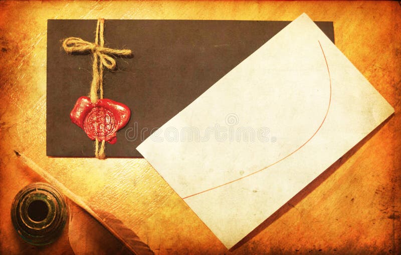 Old parchment paper and black envelope with red wax seal. Old parchment paper and black envelope with red wax seal
