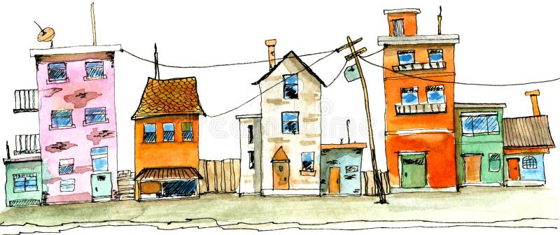 Παλαιά πόλης οδών απεικόνιση watercolor σκηνής συρμένη χέρι ελεύθερη απεικόνιση δικαιώματος
