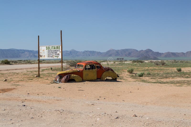 Old Timer Car Wreck in a Desert Landscape in Solitaire in Namibia. Old Timer Car Wreck in a Desert Landscape in Solitaire in Namibia