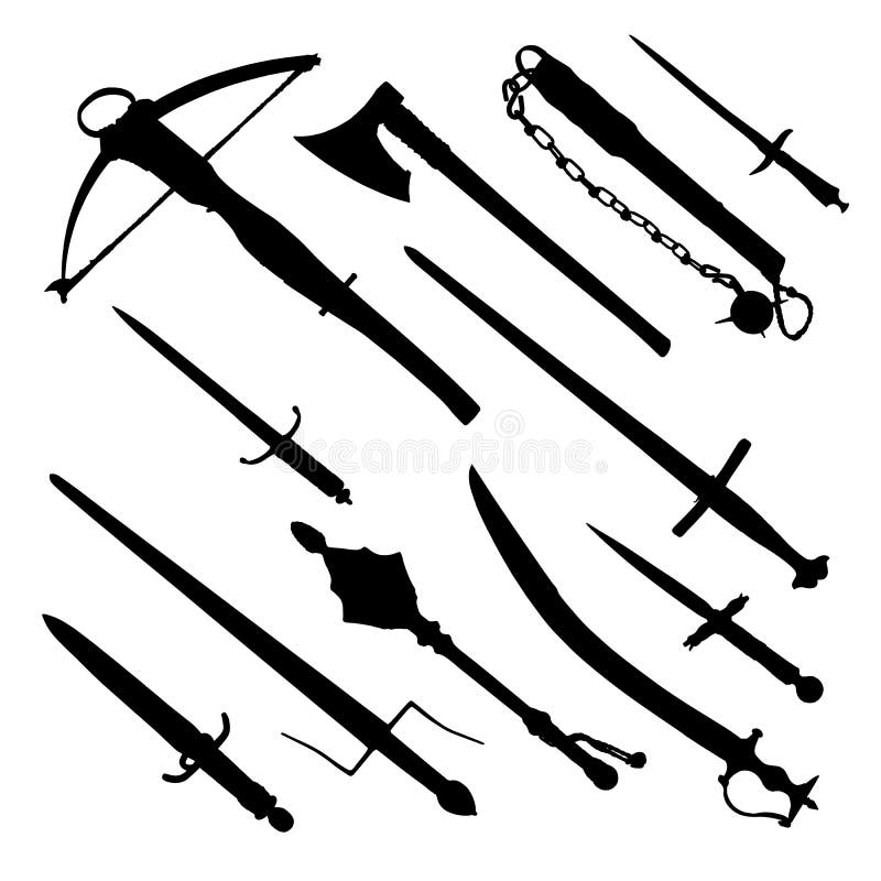 Set of medieval hand weapons - silhouette of antique sword, dagger, mace, axe, crossbow, flail. Set of medieval hand weapons - silhouette of antique sword, dagger, mace, axe, crossbow, flail