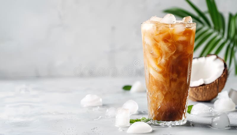 παγωμένος καφές σε ψηλό γυαλί. μαύρο εσπρέσο καφές σε παγωμένους κύβους με φρέσκο βιολογικό γάλα καρύδας σε γυαλί στοκ εικόνα
