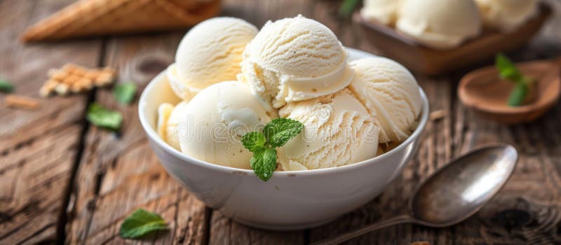 A white bowl filled with vanilla ice cream topped with mint leaves sits on a wooden table. AI generated. A white bowl filled with vanilla ice cream topped with mint leaves sits on a wooden table. AI generated
