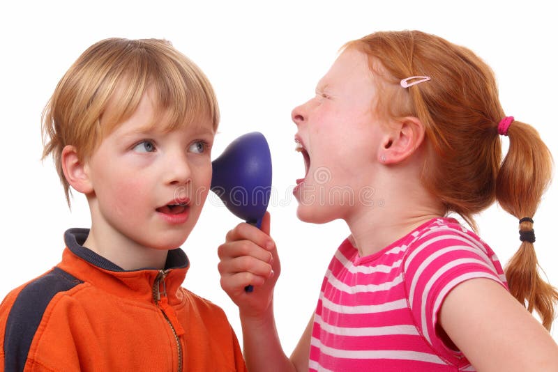 Kids shouting through a cone on white background. Kids shouting through a cone on white background