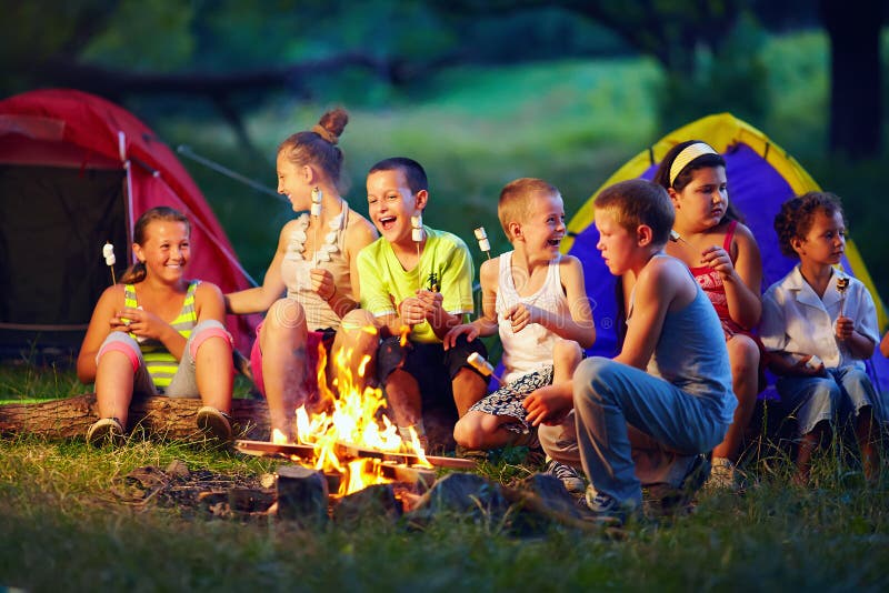 Παιδιά που ψήνουν marshmallows στην πυρά προσκόπων στοκ εικόνες Παιδιά που ψήνουν marshmallows στην πυρά προσκόπων στοκ εικόνες