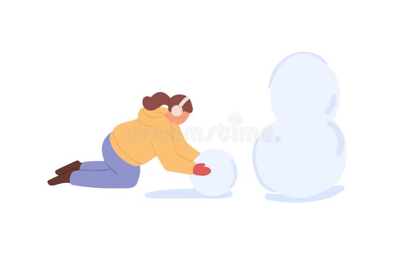 Child making balls from snow to sculpt snowman. Kid playing alone outdoors on winter holidays. Girl having fun in wintertime. Flat vector illustration isolated on white background. Child making balls from snow to sculpt snowman. Kid playing alone outdoors on winter holidays. Girl having fun in wintertime. Flat vector illustration isolated on white background.