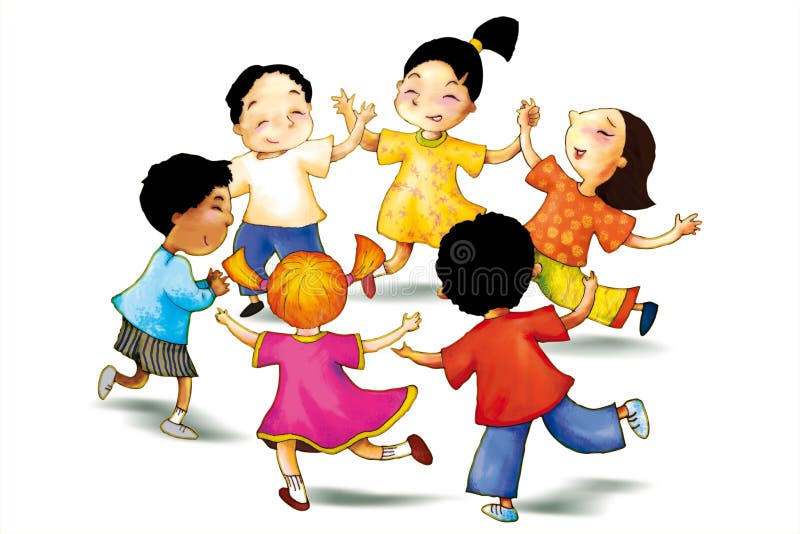 A concept illustration of children play together to show concept of happiness, Hand drawing outline and color with photoshop.six people,. A concept illustration of children play together to show concept of happiness, Hand drawing outline and color with photoshop.six people,