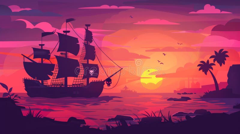 An adventure game or book scene with a pirate ship embedded in a shallow area in the sea at sunset. Filibuster boat with black sails and pirate skull on island. Cartoon illustration.. AI generated. An adventure game or book scene with a pirate ship embedded in a shallow area in the sea at sunset. Filibuster boat with black sails and pirate skull on island. Cartoon illustration.. AI generated