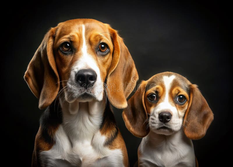 Παιχνιδιάρης Beagle Duo Αξιολάτρευτο κουτάβι και ενήλικο μπάγκλε ποζάρει ενάντια σε ένα εντυπωσιακό μαύρο φόντο για μια γοητευτική διανυσματική απεικόνιση