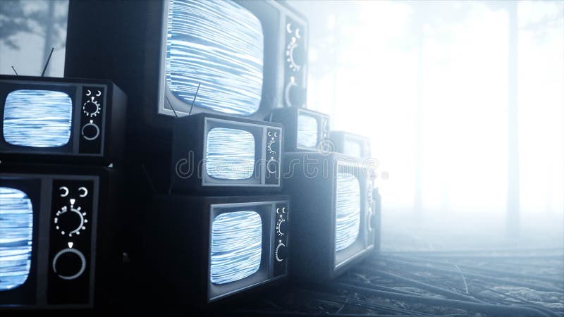 Παλαιά παλαιά TV στο δασικούς φόβο και τη φρίκη νύχτας ομίχλης Έννοια Mistic τρισδιάστατη απόδοση ραδιοφωνικής μετάδοσης ελεύθερη απεικόνιση δικαιώματος