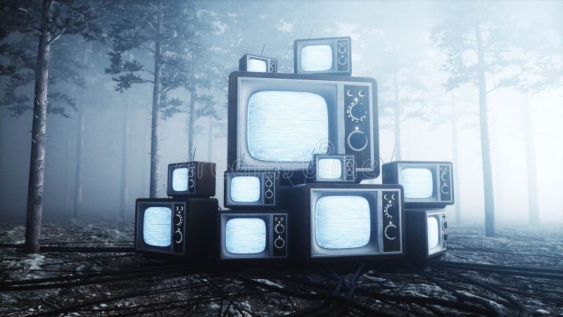 Παλαιά παλαιά TV στο δασικούς φόβο και τη φρίκη νύχτας ομίχλης Έννοια Mistic τρισδιάστατη απόδοση ραδιοφωνικής μετάδοσης ελεύθερη απεικόνιση δικαιώματος