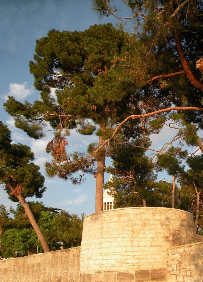 Παλαιά πόλη Istrian Novigrad, Κροατία Μια όμορφη εκκλησία με έναν υψηλό κομψό πύργο κουδουνιών, αλέες πετρών και ένα παλαιό μεσογ στοκ εικόνες