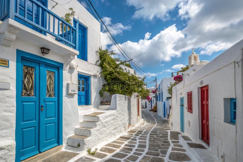 Παλαιά πόλη της Μύκονος Ελλάδας με πολύχρωμους δρόμους διανυσματική απεικόνιση