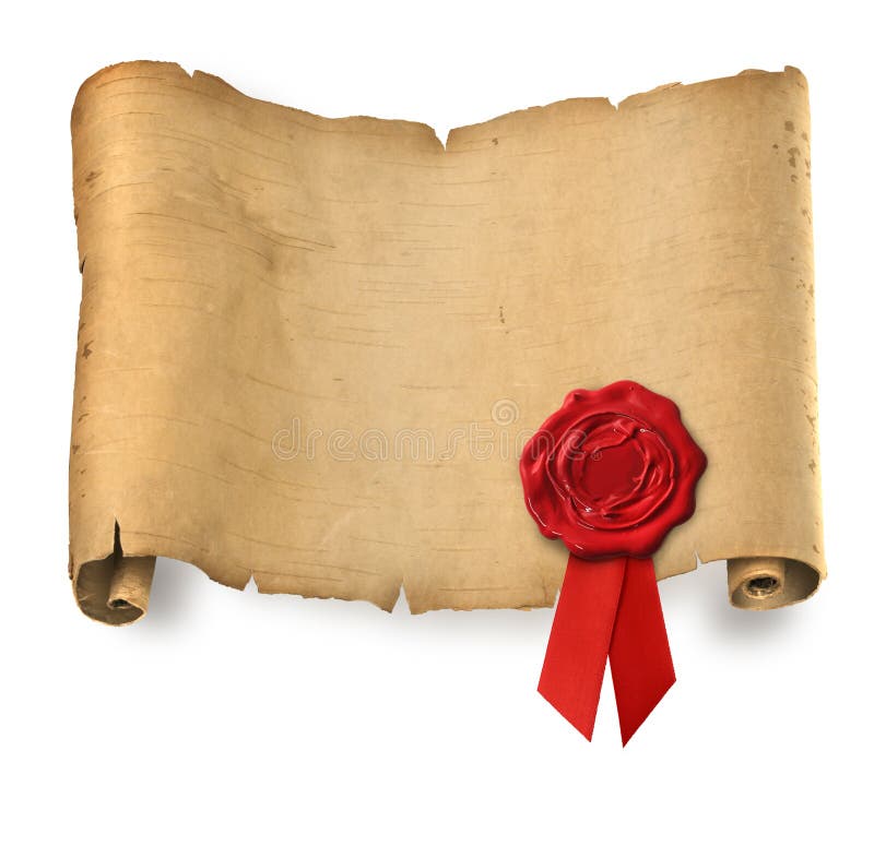 Old ragged parchment roll with red wax seal. Old ragged parchment roll with red wax seal