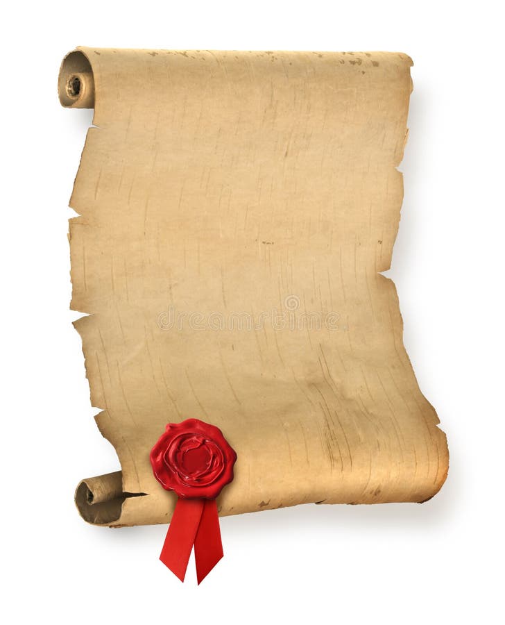 Old ragged parchment roll with red wax seal. Old ragged parchment roll with red wax seal