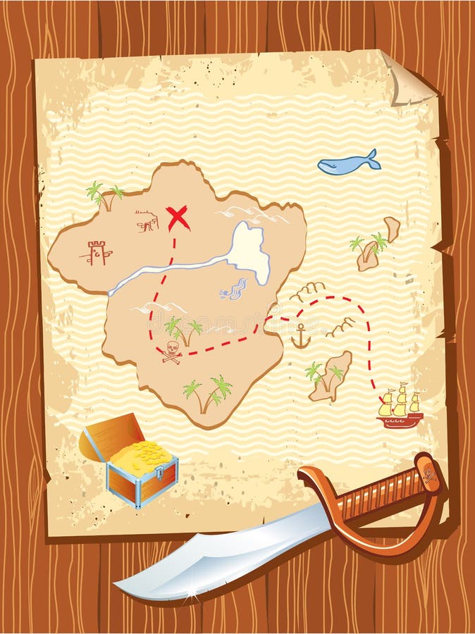 Old parchment with pirate map and dagger- illustration. Old parchment with pirate map and dagger- illustration.