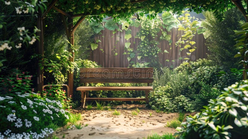 παλιό ξύλινο παγκάκι στην arbor σε μικρά οικιακά φυτά κήπου πράσινα φυτά και περγόλα στην αυλή του σπιτιού πίσω αυλή το καλοκαίρι. απεικόνιση αποθεμάτων