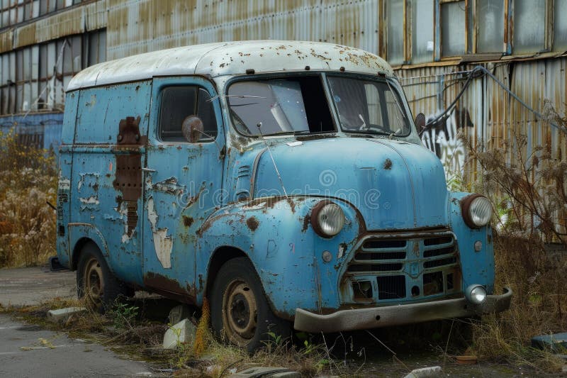παλιό σκούρο μπλε φορτηγάκι παράδοσης σταθμευμένο κοντά σε εγκαταλελειμμένο κτίριο στοκ φωτογραφίες