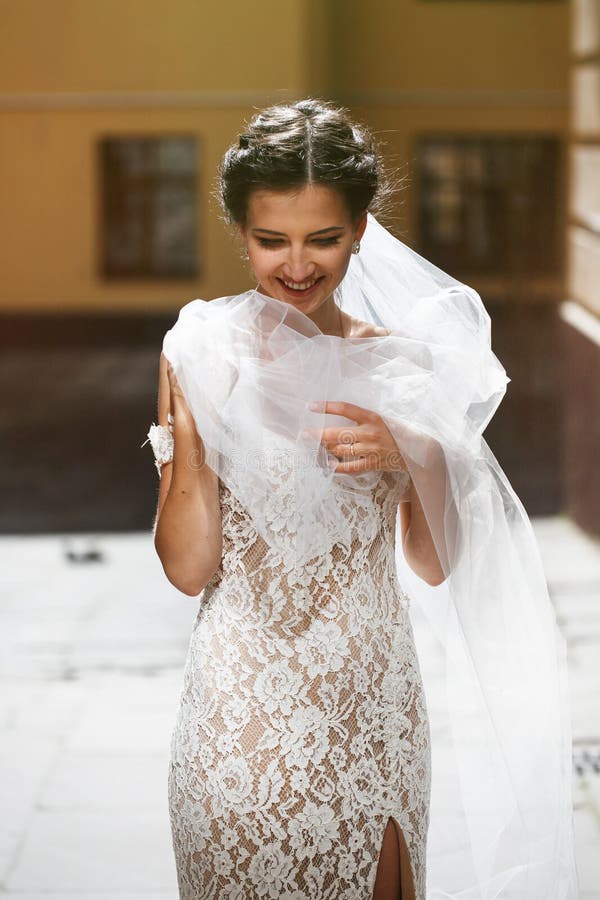 Πανέμορφη ευτυχής χαμογελώντας νύφη brunette στο εκλεκτής ποιότητας άσπρο φόρεμα pos στοκ εικόνα με δικαίωμα ελεύθερης χρήσης Πανέμορφη ευτυχής χαμογελώντας νύφη brunette στο εκλεκτής ποιότητας άσπρο φόρεμα pos στοκ εικόνα με δικαίωμα ελεύθερης χρήσης