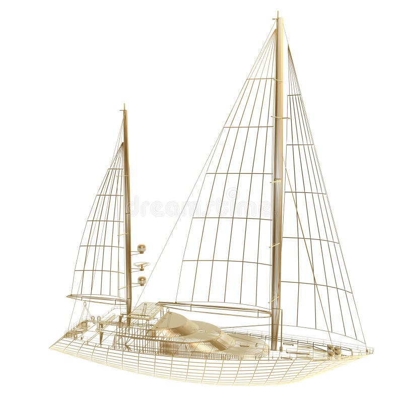 3d golden sail boat or yacht frame on white background. 3d golden sail boat or yacht frame on white background