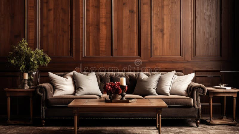 πανικός από ξύλο ορθοστάτης. Rustic wall wood paneling απεικόνιση κομψός άνετος σαλόνι, πολυτέλεια rustic wall wood paneling ai