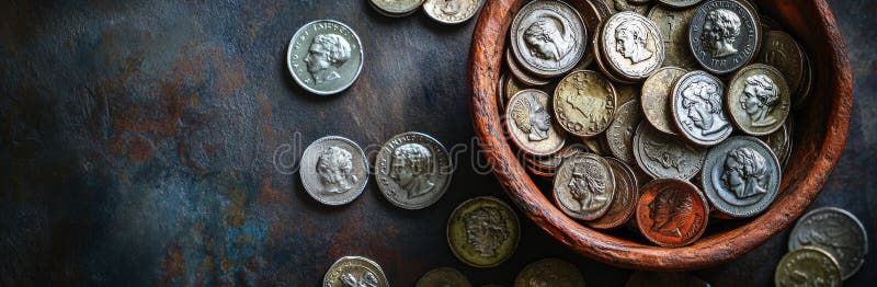 πανοραμικό πανό με αρχαίο ρωμαϊκό κέρμα σε ξύλινο σετ γλάρου, σε φόντο αντίκες που στοκ εικόνες με δικαίωμα ελεύθερης χρήσης