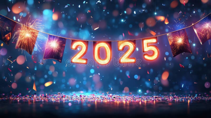 πανό με λαμπερό λογότυπο 2025 για τους εορτασμούς της νέας χρονιάς.