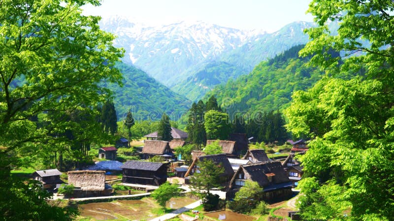 Panorama of The village in the green Shanghai mountainâ€™s in a beautiful summer day, China. Illustration. icon. Panorama of The village in the green Shanghai mountainâ€™s in a beautiful summer day, China. Illustration. icon