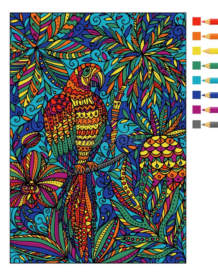 Παπαγάλος macaw και τροπικές εγκαταστάσεις Διανυσματικό χρωματίζοντας βιβλίο απεικόνιση αποθεμάτων