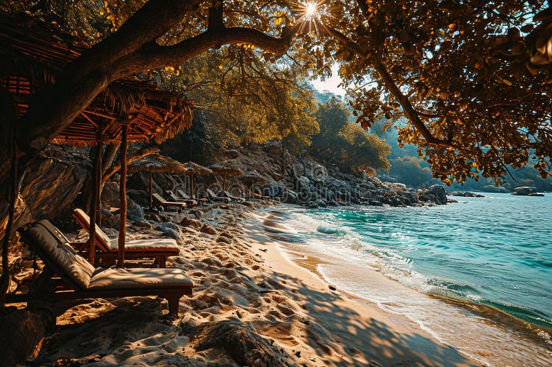 Παράδεισος για την Ειδυλλιακή Παραλία με κρεβάτια ηλιόλουστου καιρού και σπασμένες ομπρέλες σε χρυσή άμμο ακτές ελεύθερη απεικόνιση δικαιώματος