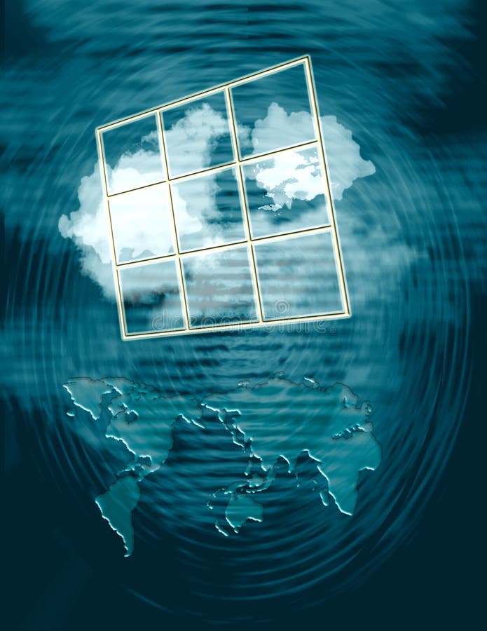 Computer generated design concept. Window view with clouds. Global map of continents below. Power, synergy, disturbance. Computer generated design concept. Window view with clouds. Global map of continents below. Power, synergy, disturbance.
