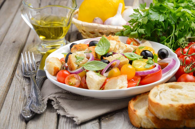Παραδοσιακή ιταλική σαλάτα Panzanella με τις φρέσκες ντομάτες και το τριζάτο ψωμί στοκ φωτογραφίες με δικαίωμα ελεύθερης χρήσης