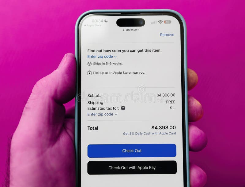 California, USA - Jan 21, 2024: The order process for the new Apple Vision Pro, priced at 4398 USD, on the latest iPhone 15 Pro, set against a fuchsia tech background - pov male hand. California, USA - Jan 21, 2024: The order process for the new Apple Vision Pro, priced at 4398 USD, on the latest iPhone 15 Pro, set against a fuchsia tech background - pov male hand