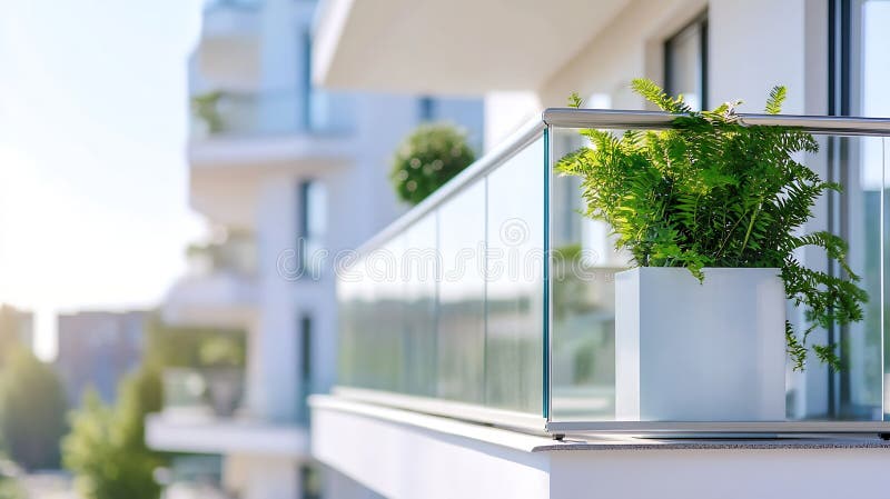 Παραγωγικό AI Κομψό μπαλκόνι με κομψό γυάλινο περίβλημα και μονάδα Lush Fern στην ιδέα της επιχείρησης με φωτεινό ηλιακό φως. απεικόνιση αποθεμάτων