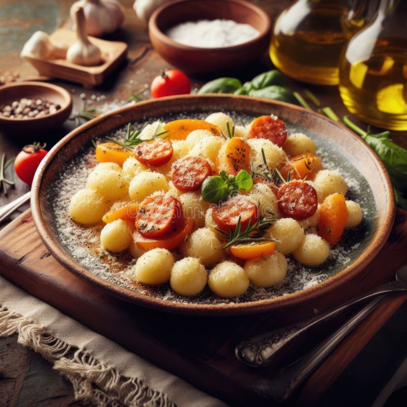παραδοσιακά ιταλικά gnocchi σε ένα περίτεχνο τραπέζι απεικόνιση αποθεμάτων
