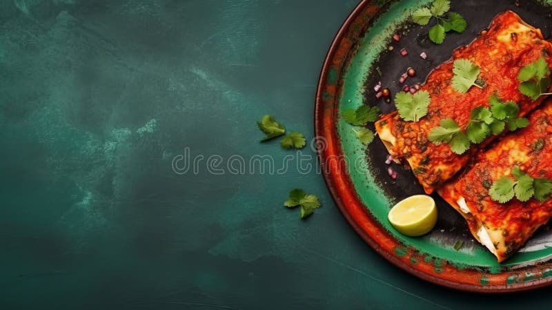 παραδοσιακά μεξικάνικα enchiladas σε πράσινο πιάτο rutable ορισμός φωτοτυπικού χώρου απεικόνιση αποθεμάτων