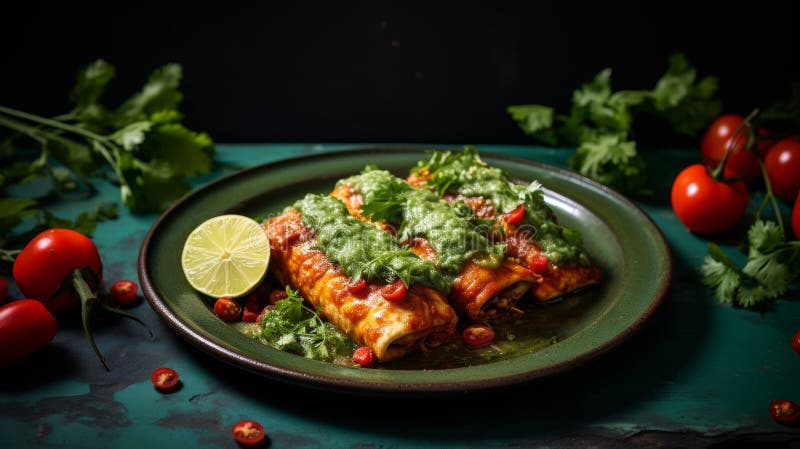 παραδοσιακά μεξικάνικα enchiladas σε πράσινο πιάτο που σερβίρεται σε ένα καταχρηστικό τραπέζι με μινιμαλιστική αισθητική ελεύθερη απεικόνιση δικαιώματος