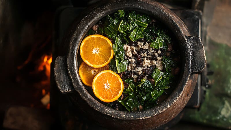 Παραδοσιακή βραζιλιάνικη Feijoada με αχνιστό ζεστό καπνό που ανεβαίνει από το πλούσιο μαύρο μπιζέλι ελεύθερη απεικόνιση δικαιώματος