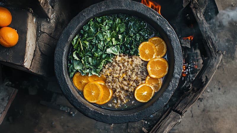 Παραδοσιακή βραζιλιάνικη Feijoada με αχνιστό ζεστό καπνό που ανεβαίνει από το πλούσιο μαύρο μπιζέλι διανυσματική απεικόνιση