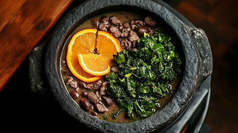 Παραδοσιακή βραζιλιάνικη Feijoada με αχνιστό ζεστό καπνό που ανεβαίνει από το πλούσιο μαύρο μπιζέλι διανυσματική απεικόνιση