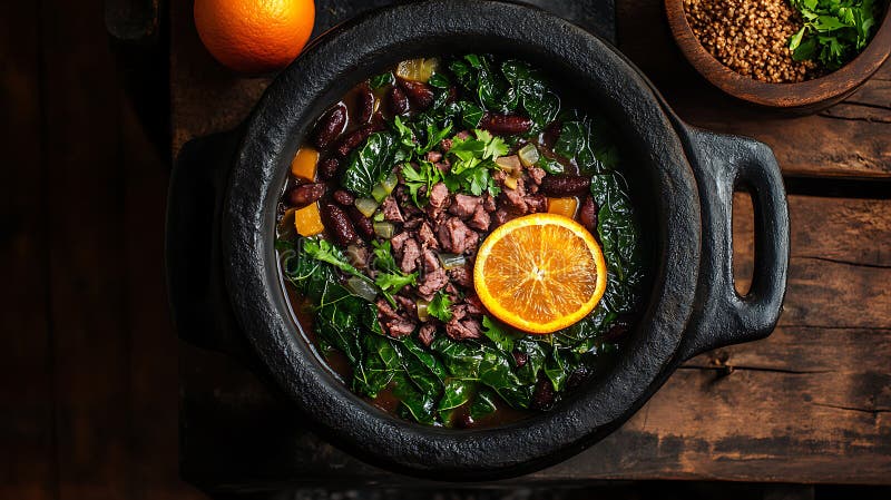 Παραδοσιακή βραζιλιάνικη Feijoada με αχνιστό ζεστό καπνό που ανεβαίνει από το πλούσιο μαύρο μπιζέλι ελεύθερη απεικόνιση δικαιώματος