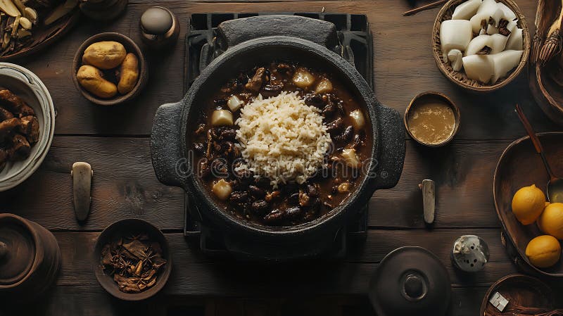 Παραδοσιακή βραζιλιάνικη Feijoada με αχνιστό ζεστό καπνό που ανεβαίνει από το πλούσιο μαύρο μπιζέλι ελεύθερη απεικόνιση δικαιώματος