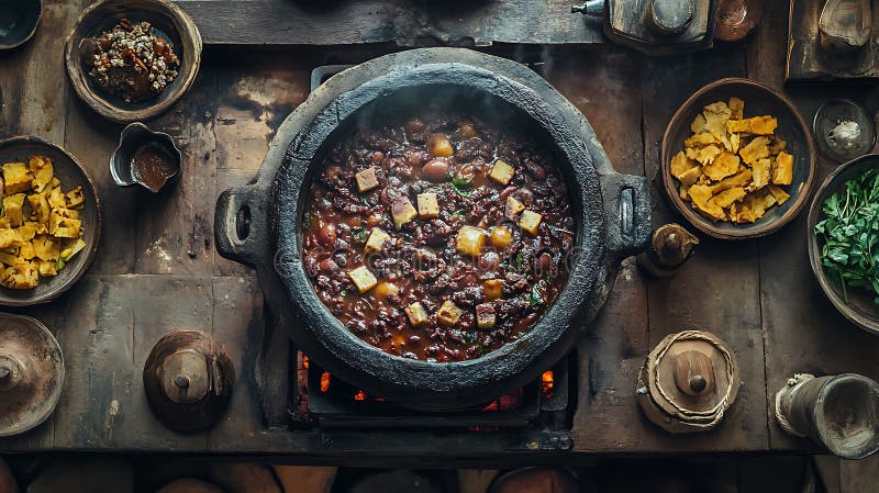Παραδοσιακή βραζιλιάνικη Feijoada με αχνιστό ζεστό καπνό που ανεβαίνει από το πλούσιο μαύρο μπιζέλι απεικόνιση αποθεμάτων